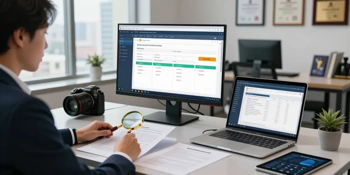 Document fraud detection analysis in a professional office with data visualizations and verification tools.