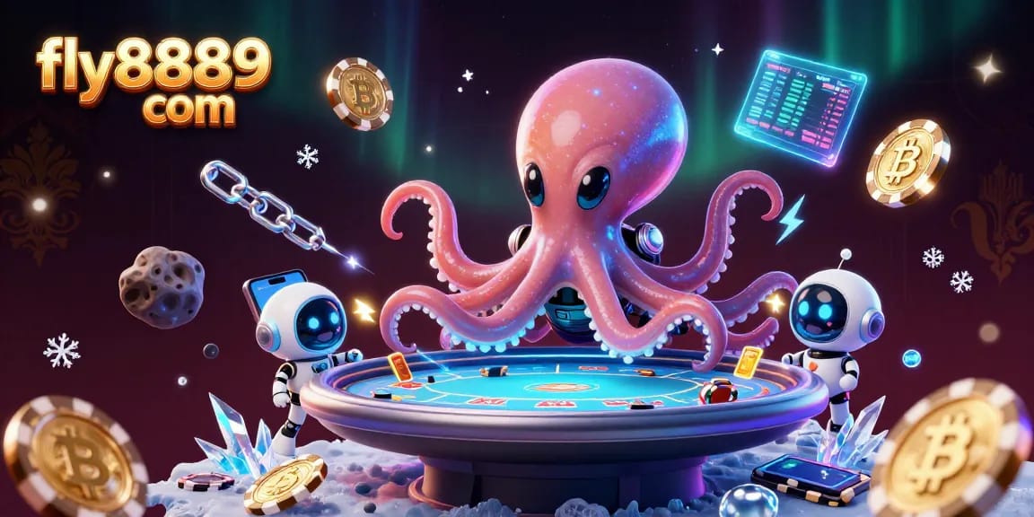 Engage in thrilling gameplay at fly8889 com with a vibrant 3D illustration of an alien octopus at a poker table.
