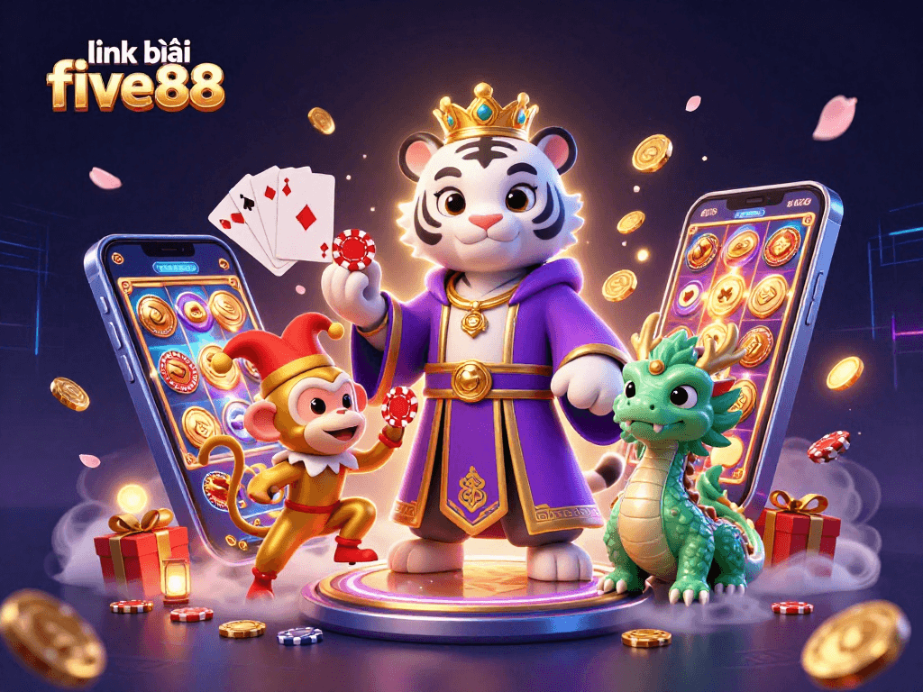 Engage with exciting bets at link vào five88 featuring a royal tiger and joyful monkey in a vibrant casino scene.