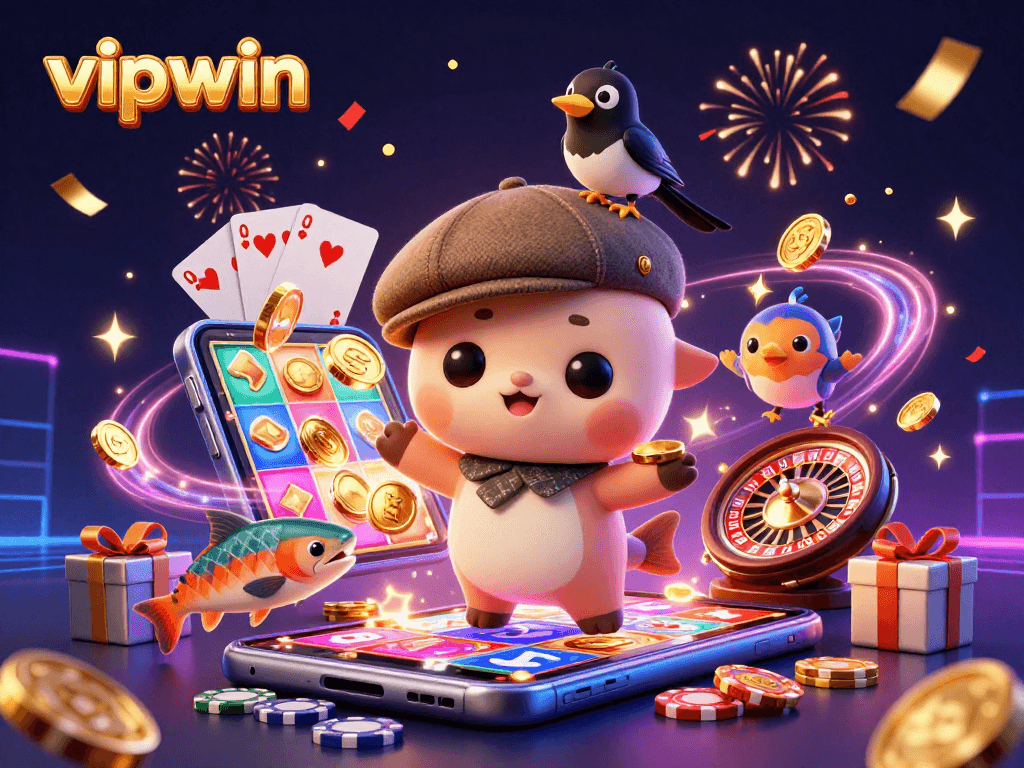 Experience vipwin's exciting games with a vibrant 3D illustration featuring engaging characters and gambling elements.