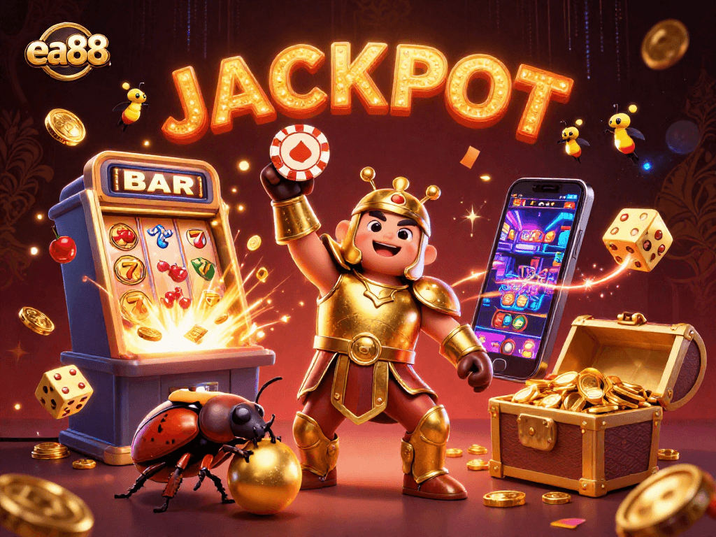 The scene showcases ea88's exciting gaming atmosphere with a heroic beetle character celebrating a poker win amidst a vibrant slot machine explosion.