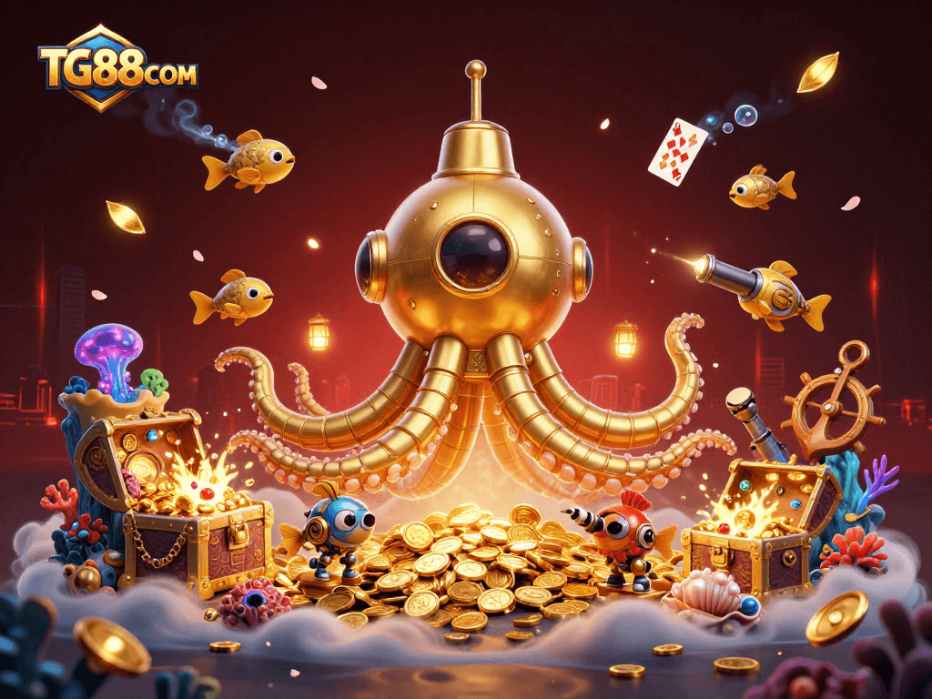 Experience the excitement of casino gaming with TG88COM's golden kraken submarine, amidst treasures and vibrant underwater elements.