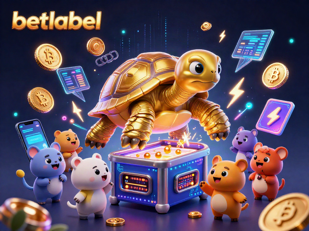 Experience exciting gaming at Betlabel, featuring a vibrant casino scene with a golden tortoise and crypto elements.