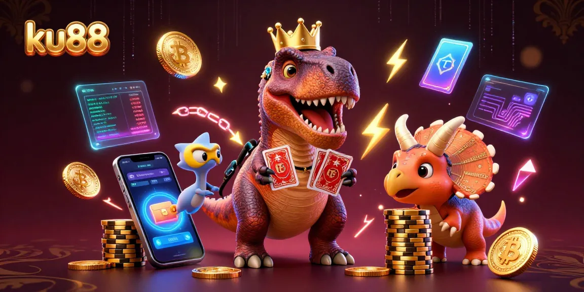 Engage with ku88 in this dynamic illustration showcasing a friendly dinosaur shuffling cards in a casino.