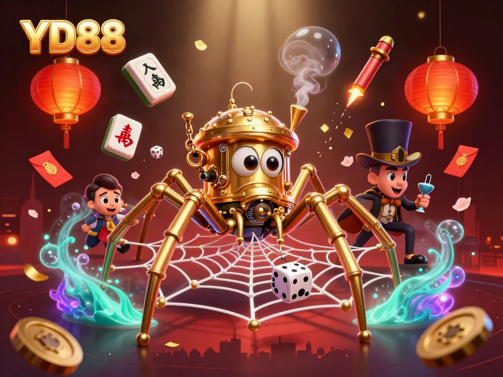 Experience thrilling gameplay with YD88's golden spider and poker chips in a dynamic casino scene.