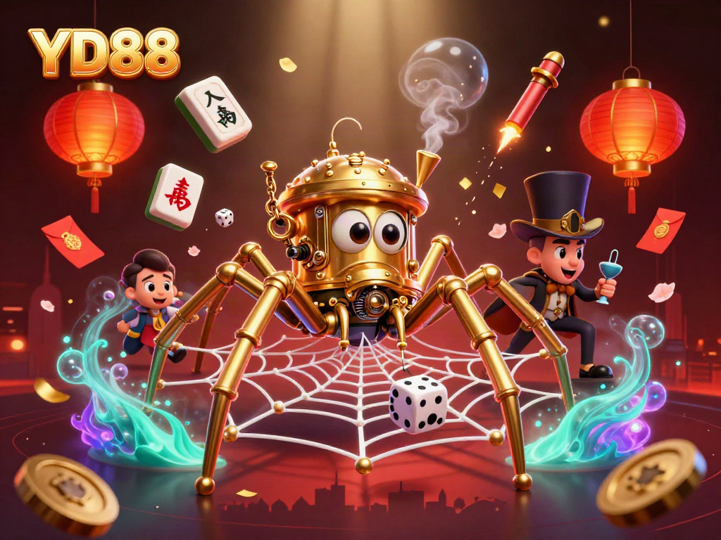 Experience thrilling gameplay with YD88's golden spider and poker chips in a dynamic casino scene.