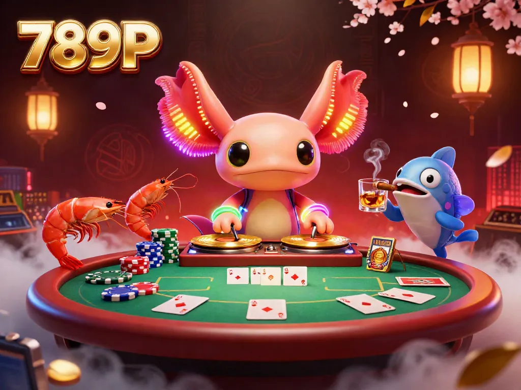 Experience winning strategies at 789P with this vibrant 3D casino scene featuring a DJ axolotl and animated sea creatures.