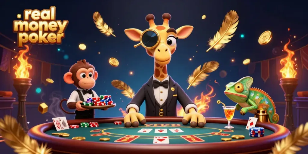 Join the excitement of real money poker with a high-roller giraffe and exotic casino characters.