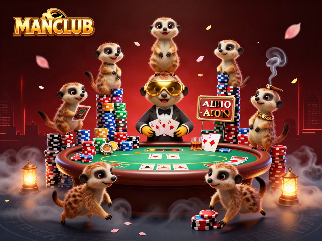 Engaging MANCLUB scene with meerkats running a dynamic casino setup, showcasing colorful poker chips.