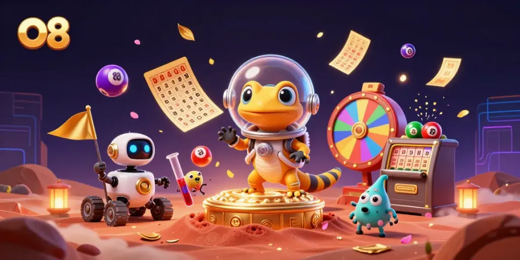 Experience thrilling online gaming at O8 with vibrant lottery balls and a Martian gecko in an engaging casino scene.