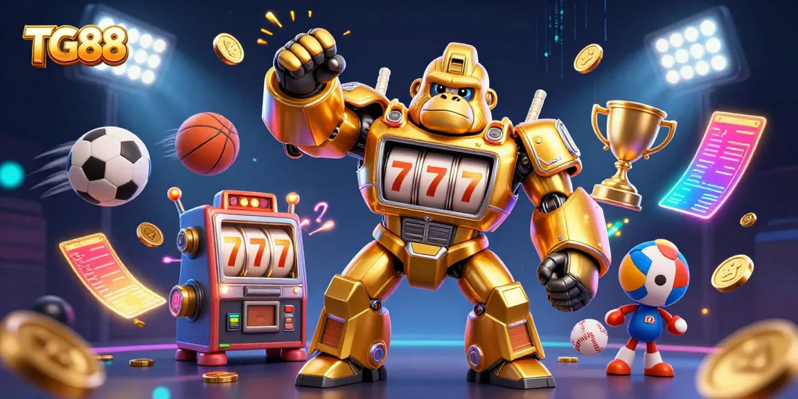 Experience thrilling gaming with TG88's dynamic illustration featuring a golden gorilla mech and sports elements.