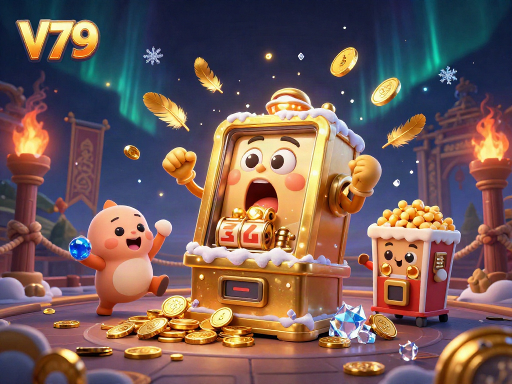 V79 slot machine hits jackpot while cheering machines celebrate; vibrant casino scene.