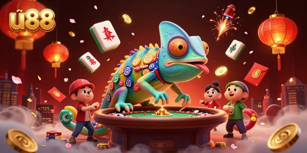 Win big at u88 with a vibrant 3D casino scene showcasing a chameleon owner and gaming elements.