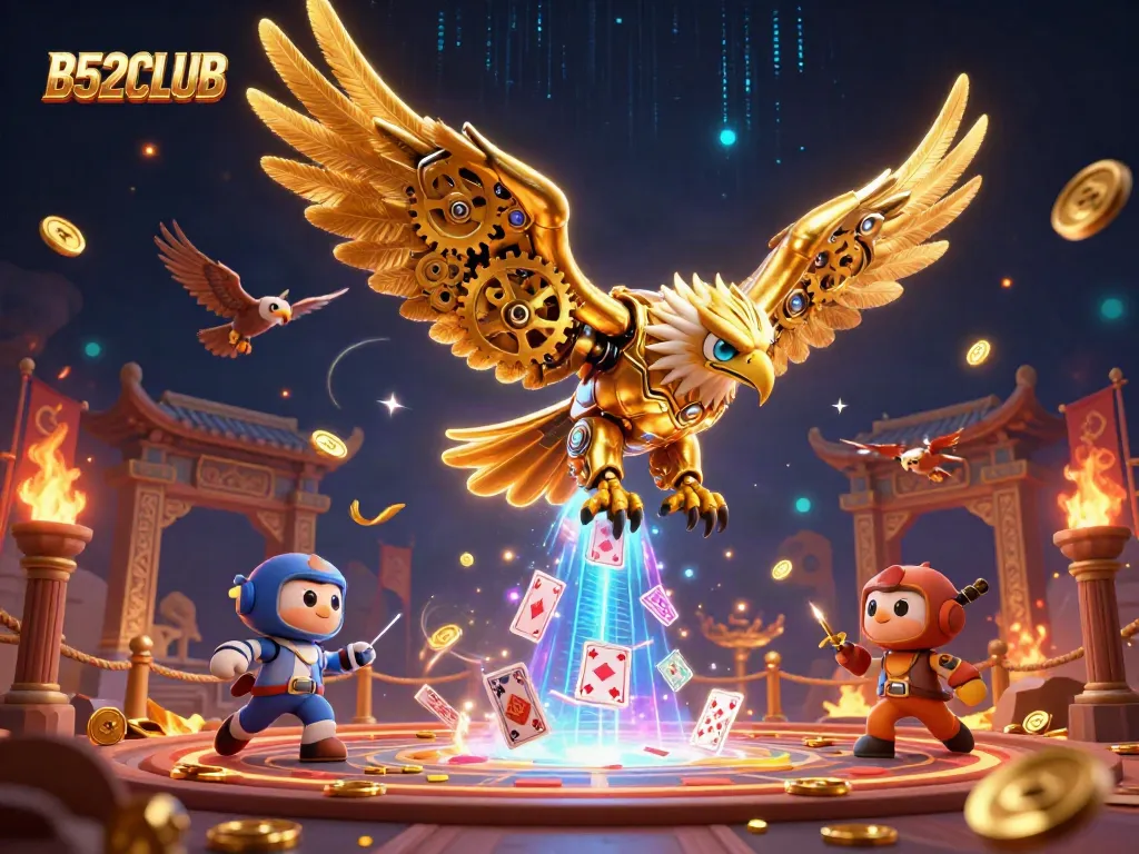B52CLUB showcases an epic showdown with a cybernetic golden eagle soaring through holographic cards