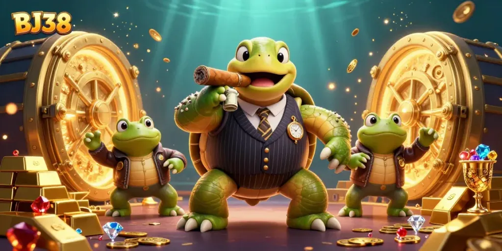 Engage with BJ38's thrilling casino scene featuring a mobster turtle and frog enforcers.