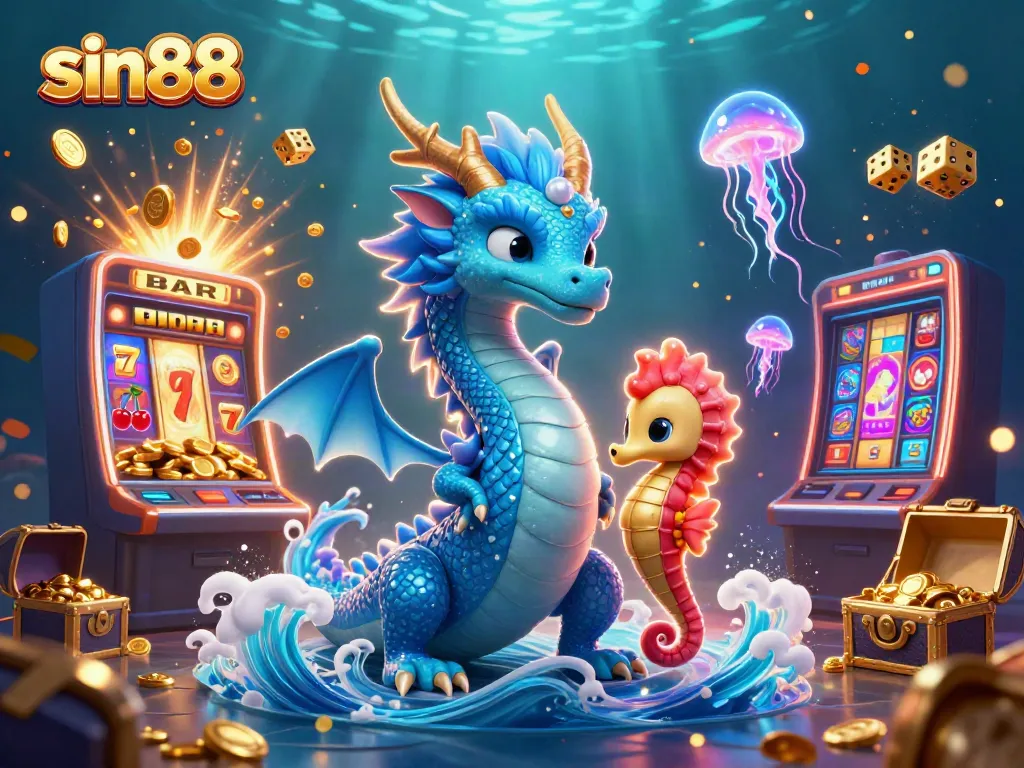 Experience thrilling moments with sin88 as the azure water dragon, seahorse knight, and neon jellyfish illuminate an underwater casino.