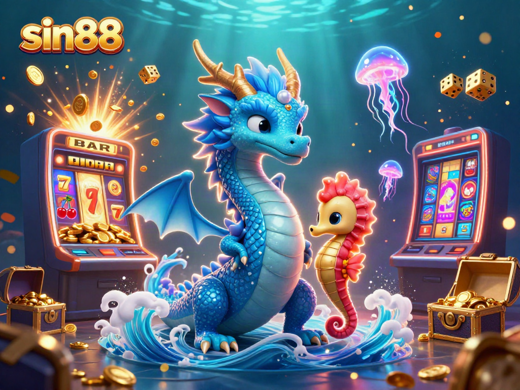 Experience thrilling moments with sin88 as the azure water dragon, seahorse knight, and neon jellyfish illuminate an underwater casino.