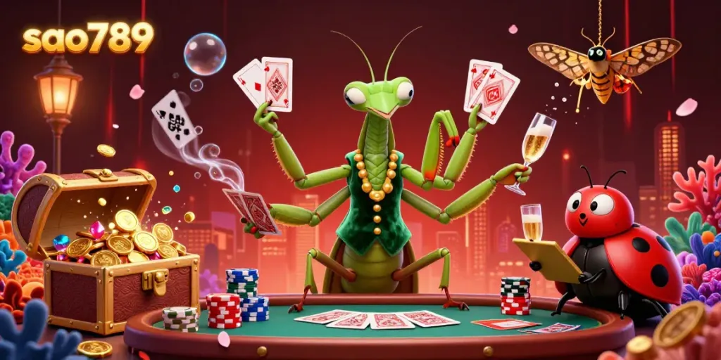 Sao789 casino featuring a praying mantis card sharp and ladybug pit boss amidst floating playing cards and treasure.