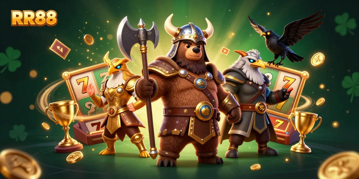 Experience thrilling gameplay at RR88 with a Viking berserker and Valkyrie eagle in a vibrant casino scene.