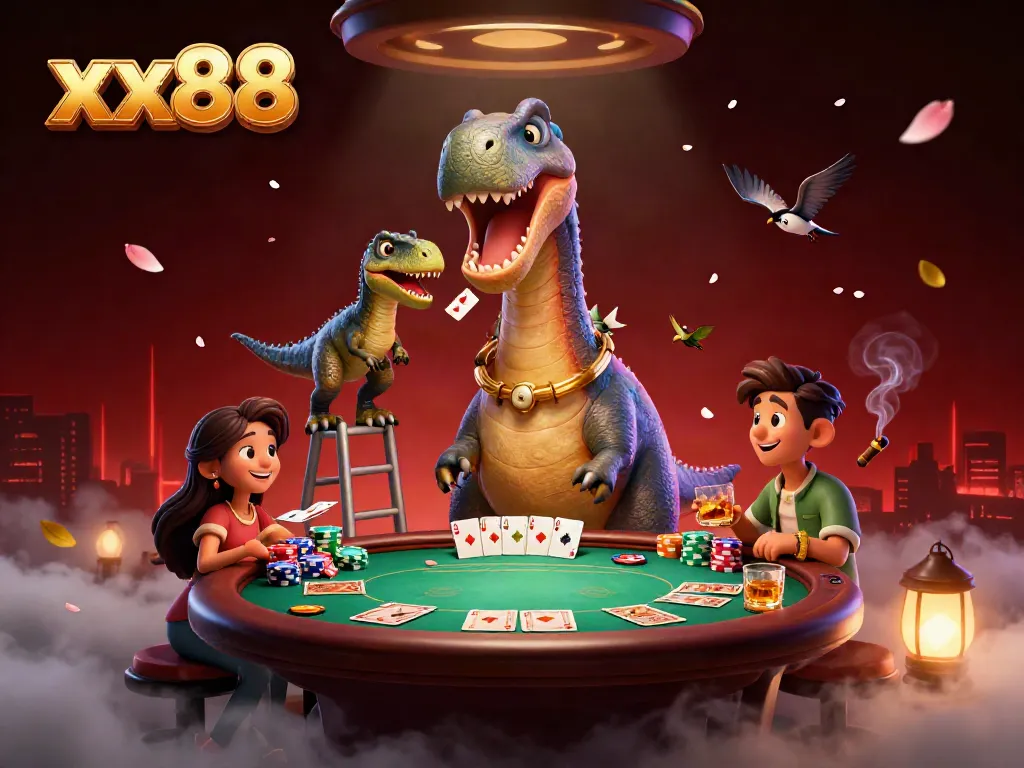 Engage in thrilling casino action at xx88 with a giant brontosaurus and clever raptor in a vibrant 3D scene.