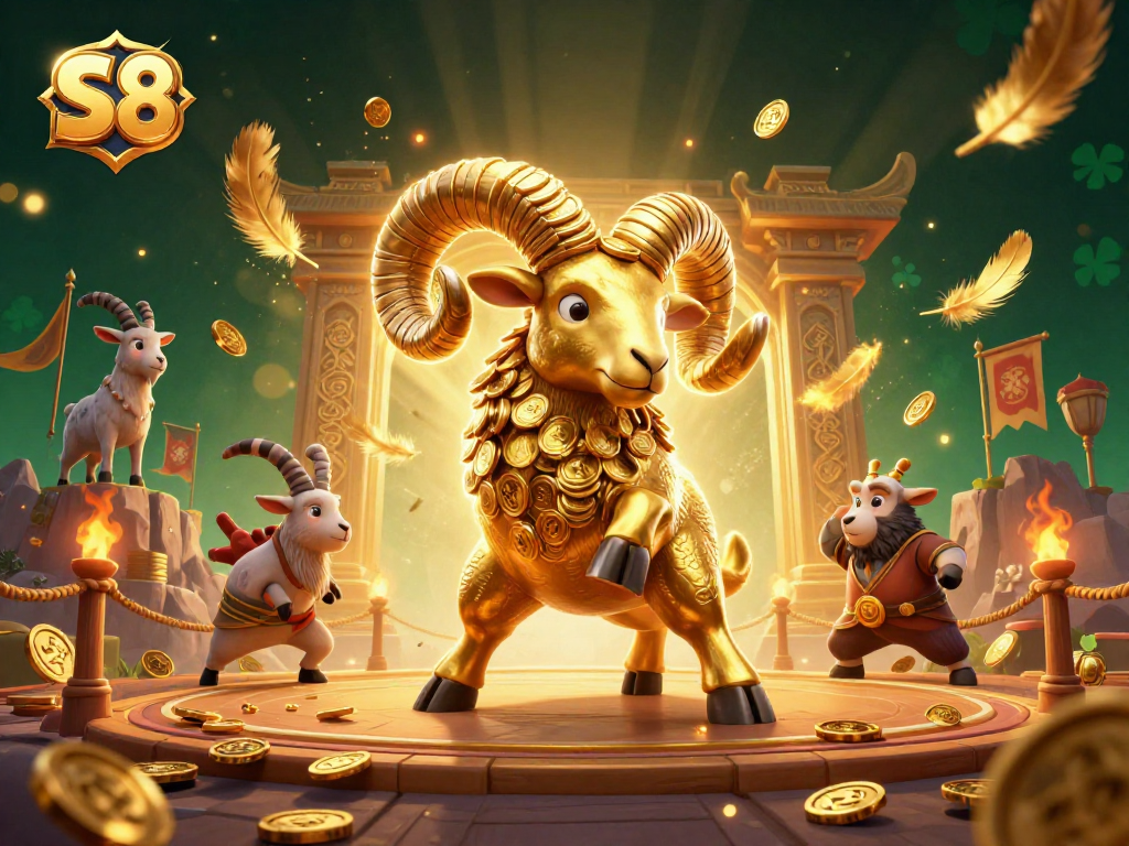S8's golden ram charges through an exciting casino scene filled with coins and vibrant elements, showcasing online gaming.