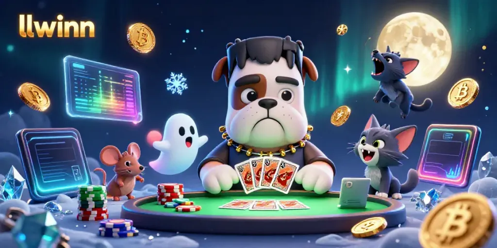 llwinn features a Frankenstein bulldog monster dealing cards in a vibrant casino setting