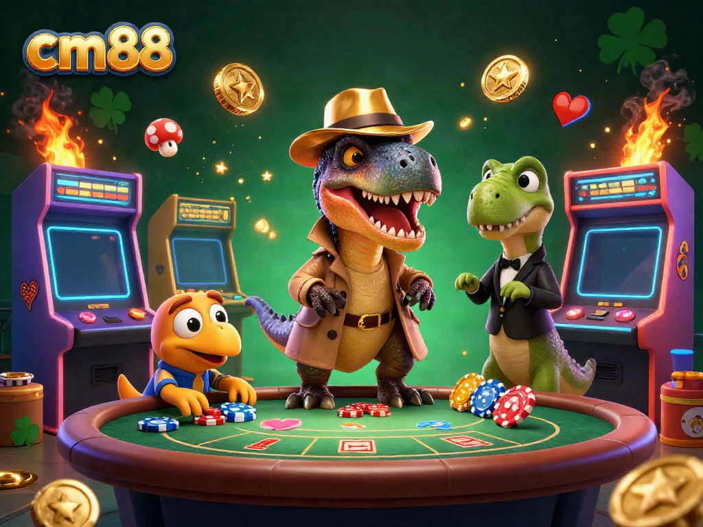 Experience thrilling blackjack action with cm88's cartoon velociraptor and vibrant casino elements.