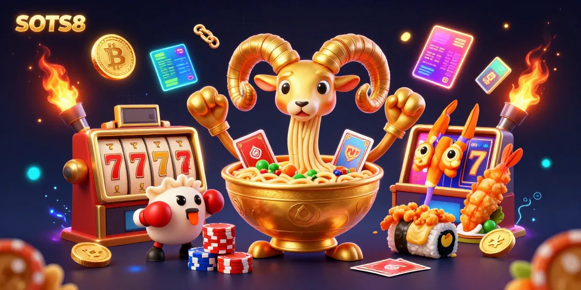SLOTS8 showcases an exciting casino scene with a giant ramen bowl character amidst vibrant slot reels and crypto coins.