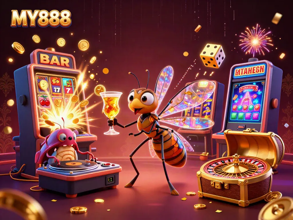 Experience the excitement of MY888 with a vibrant 3D casino scene featuring an animated mosquito mascot and thrilling game elements.