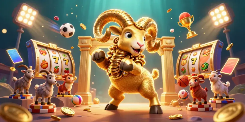 Experience vibrant gaming action with GG 88 as a golden ram charges through jackpot slots and sports elements.