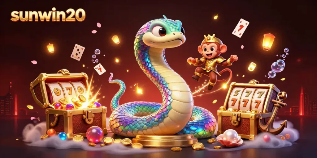 Experience the vibrant excitement of sunwin20 with a rich scene of a rainbow serpent, playful characters, and casino elements.