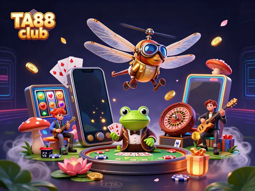 Experience the lively atmosphere at TA88 club with a dragonfly pilot and frog croupier in a vibrant casino setting.