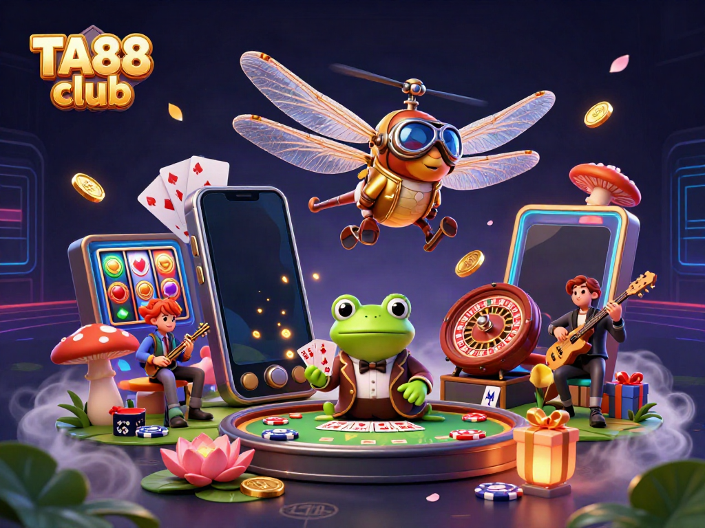 Experience the lively atmosphere at TA88 club with a dragonfly pilot and frog croupier in a vibrant casino setting.