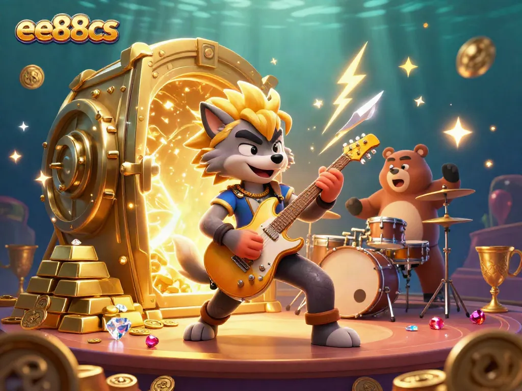 Experience the thrill of ee88cs with a vibrant casino scene featuring a rock star wolf and a drummer bear.