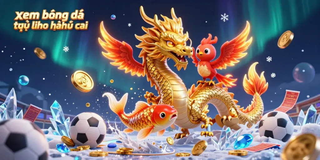 Xem bóng đá trực tuyến kèo nhà cái with a dynamic 3D scene of a golden dragon, phoenix, and koi fish amidst sports betting elements.