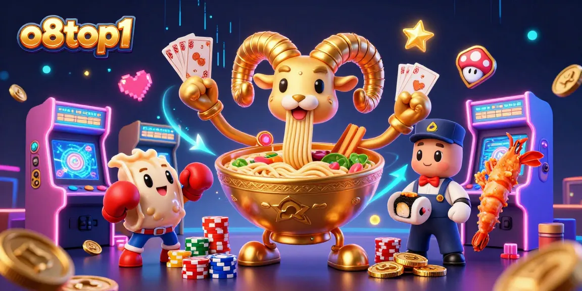Exciting 3D scene of o8top1 featuring a ramen bowl dealer and dynamic casino elements