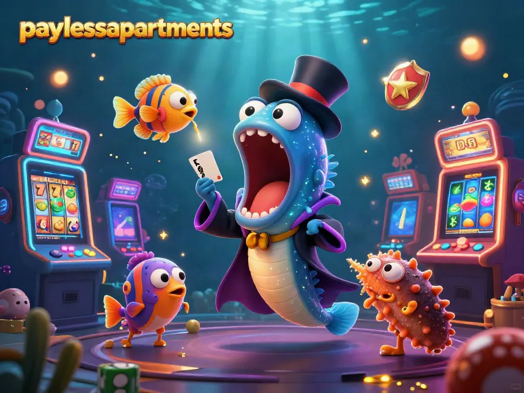 Experience fun with paylessapartments in a vibrant 3D casino scene, featuring light effects and slot games.