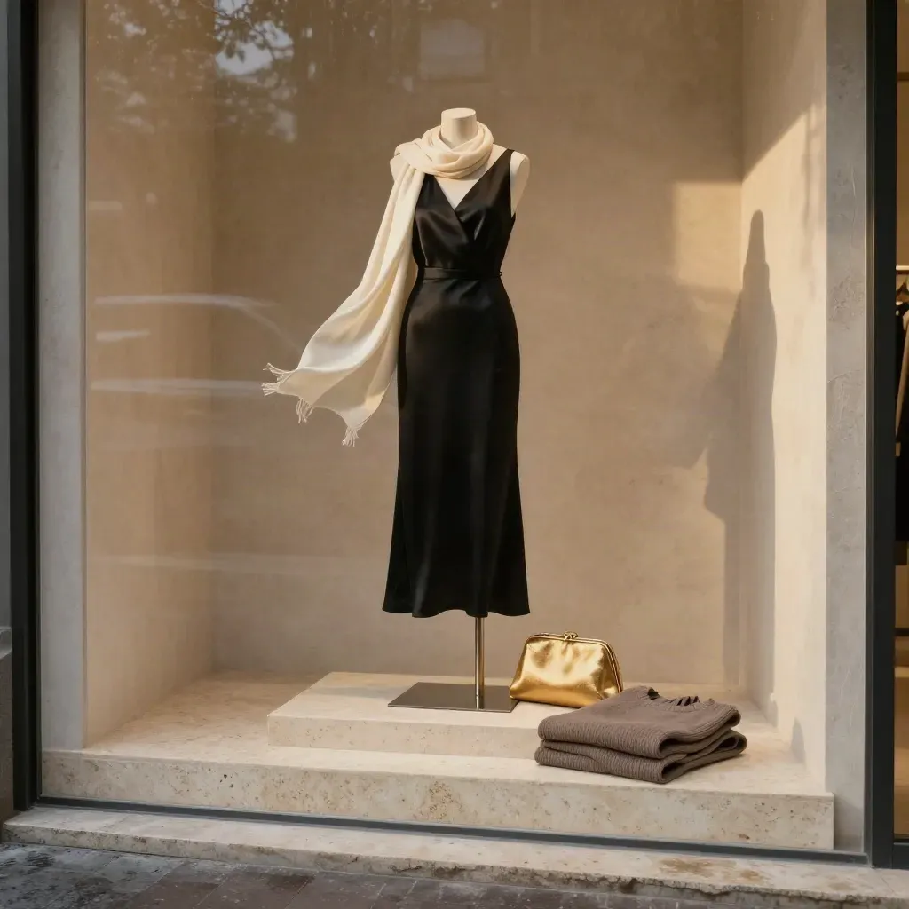 Abito midi nero, foulard avorio e clutch oro su plinto di pietra in boutique elegante.