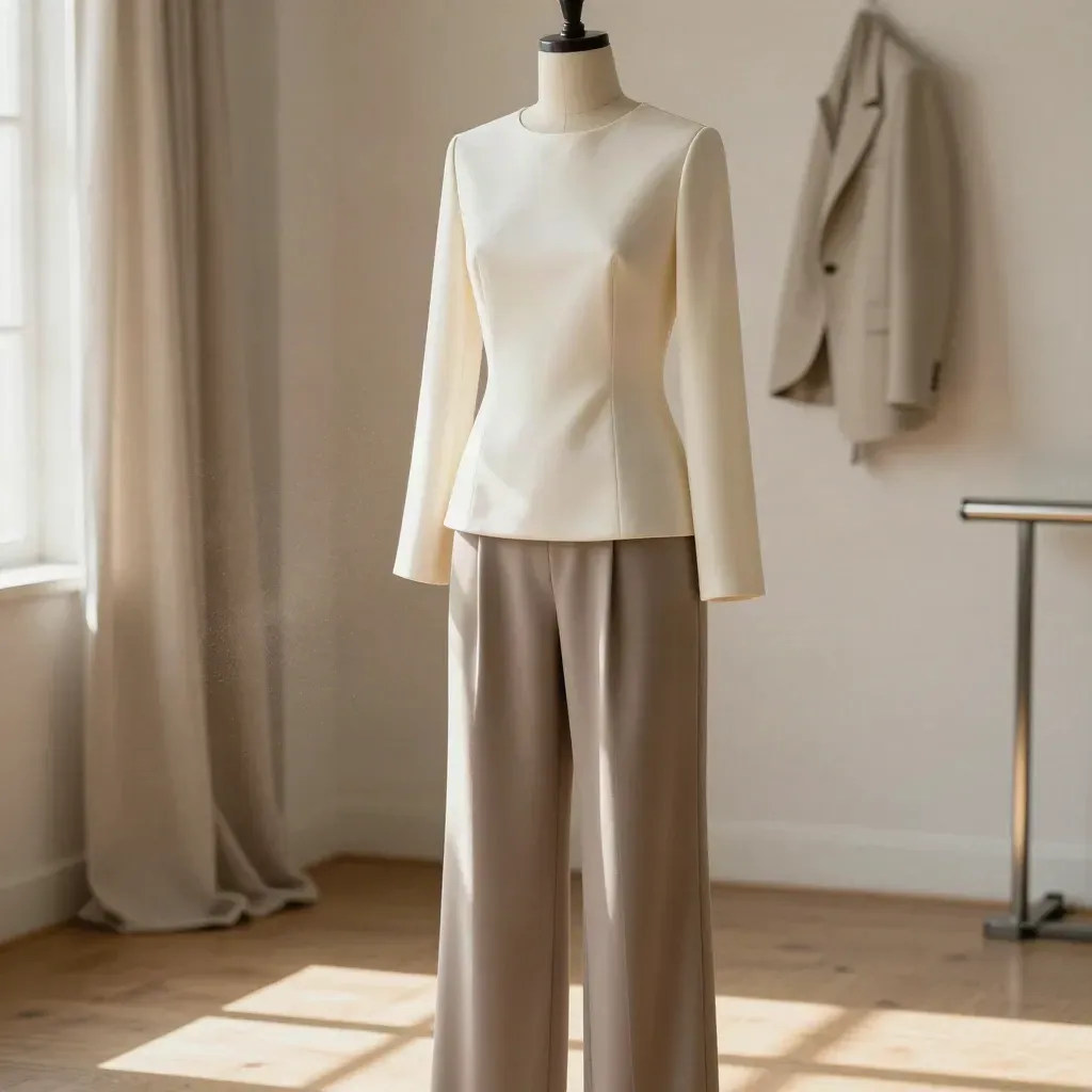 Top sartoriale avorio su forma, pantalone tortora fluido e blazer sfocato in luce mattutina.