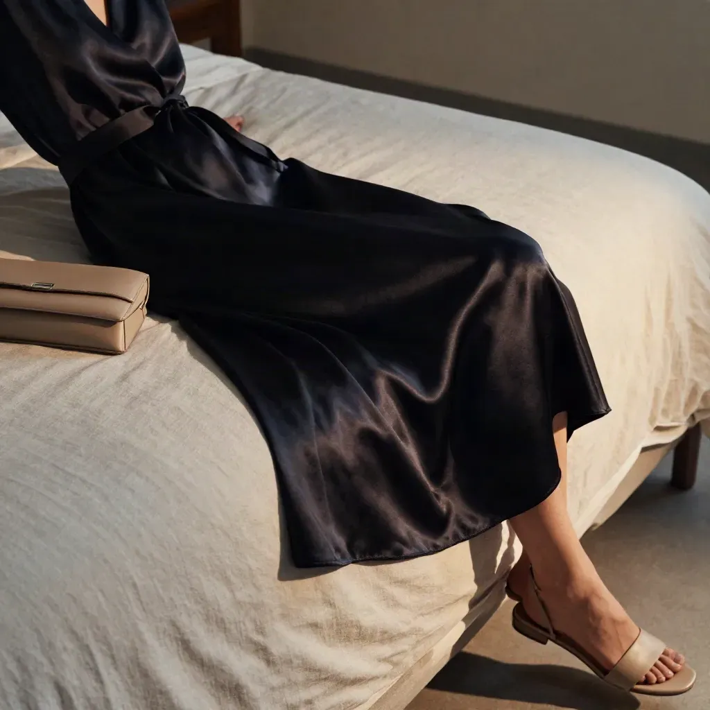Abito in raso nero, sandalo neutro e clutch su letto di lino, con pieghe in movimento al crepuscolo.