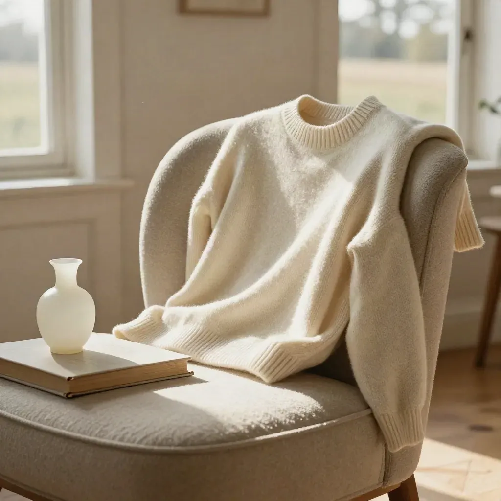 Maglia avorio piegata su poltrona bouclé, libro chiuso e vaso opalino in luce mattutina.