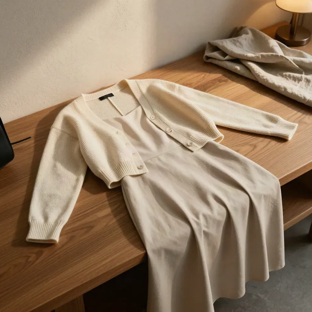Cardigan avorio su top chiaro e gonna midi in un interno caldo con luce pomeridiana