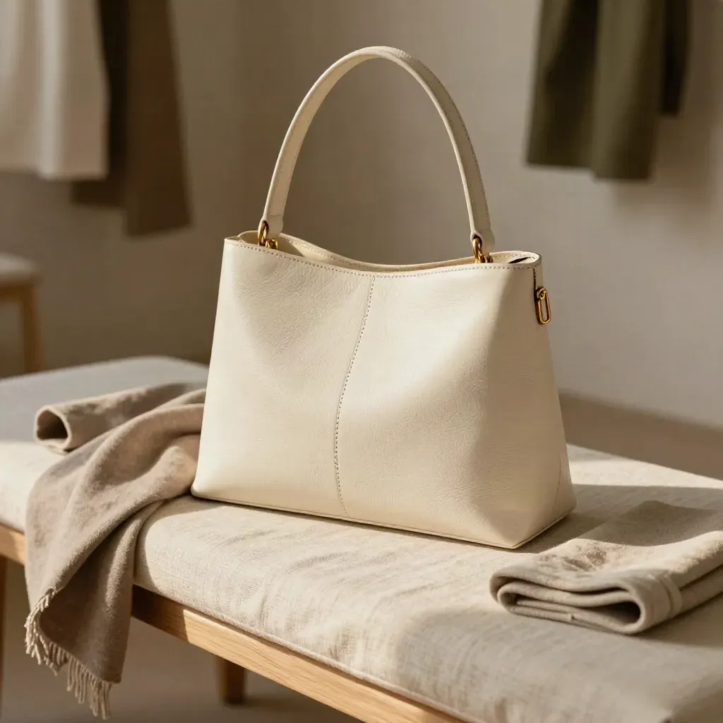 Borsa avorio rigida su panca in lino con sciarpa piegata, luce calda del tardo pomeriggio.