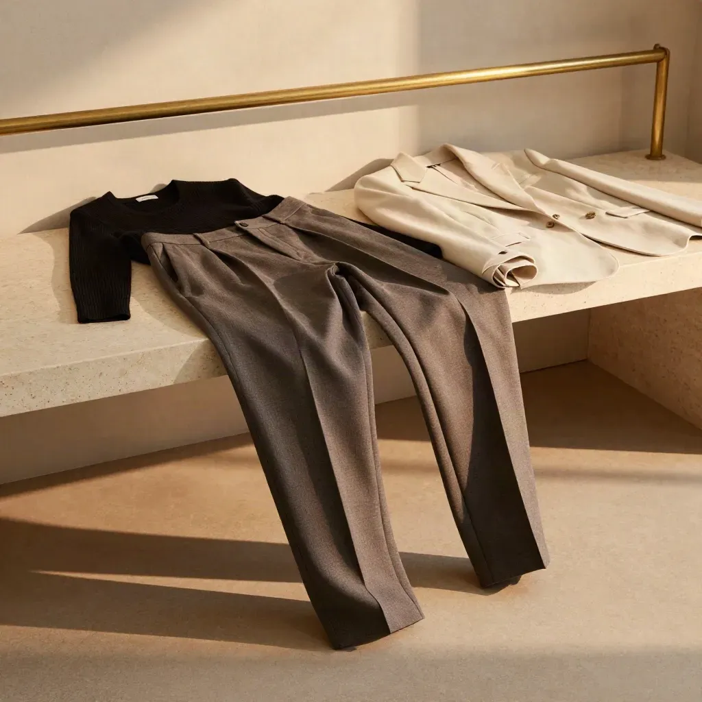 Pantalone tortora con piega netta, top nero e blazer chiaro su travertino al tramonto.