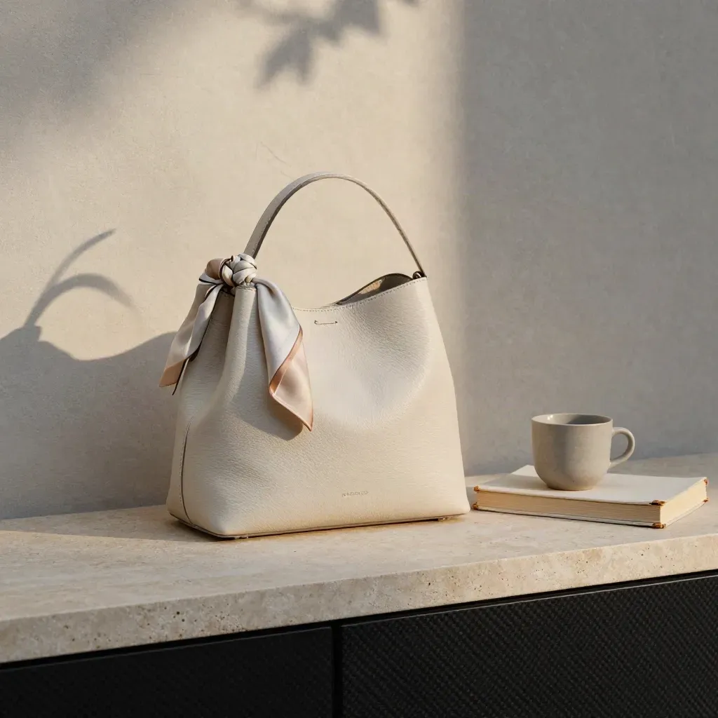 Borsa a spalla chiara con foulard, tazza in ceramica e libro su consolle luminosa.