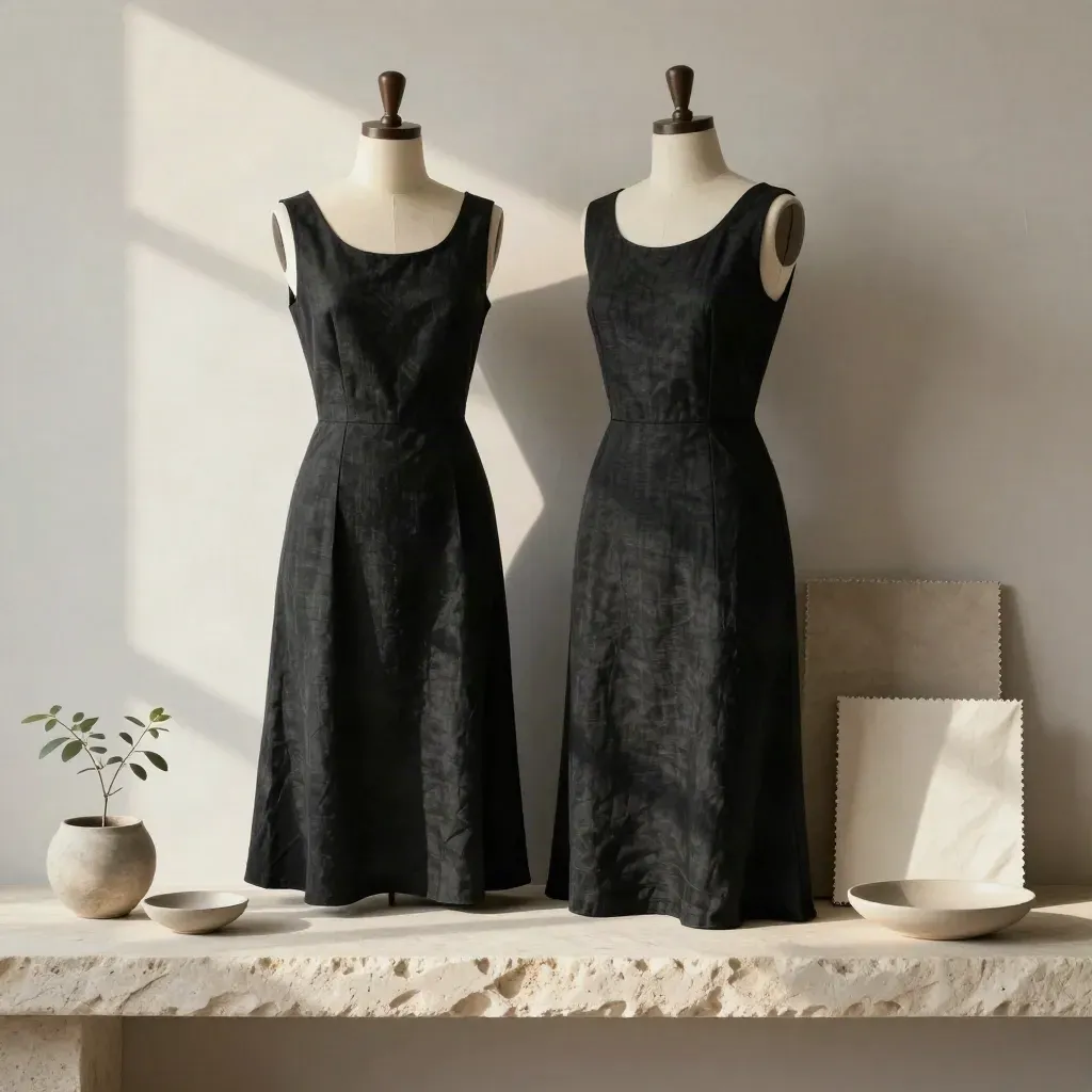 Abito midi nero su busto in lino con swatch neutri, pianta e piattino su mensola di pietra.