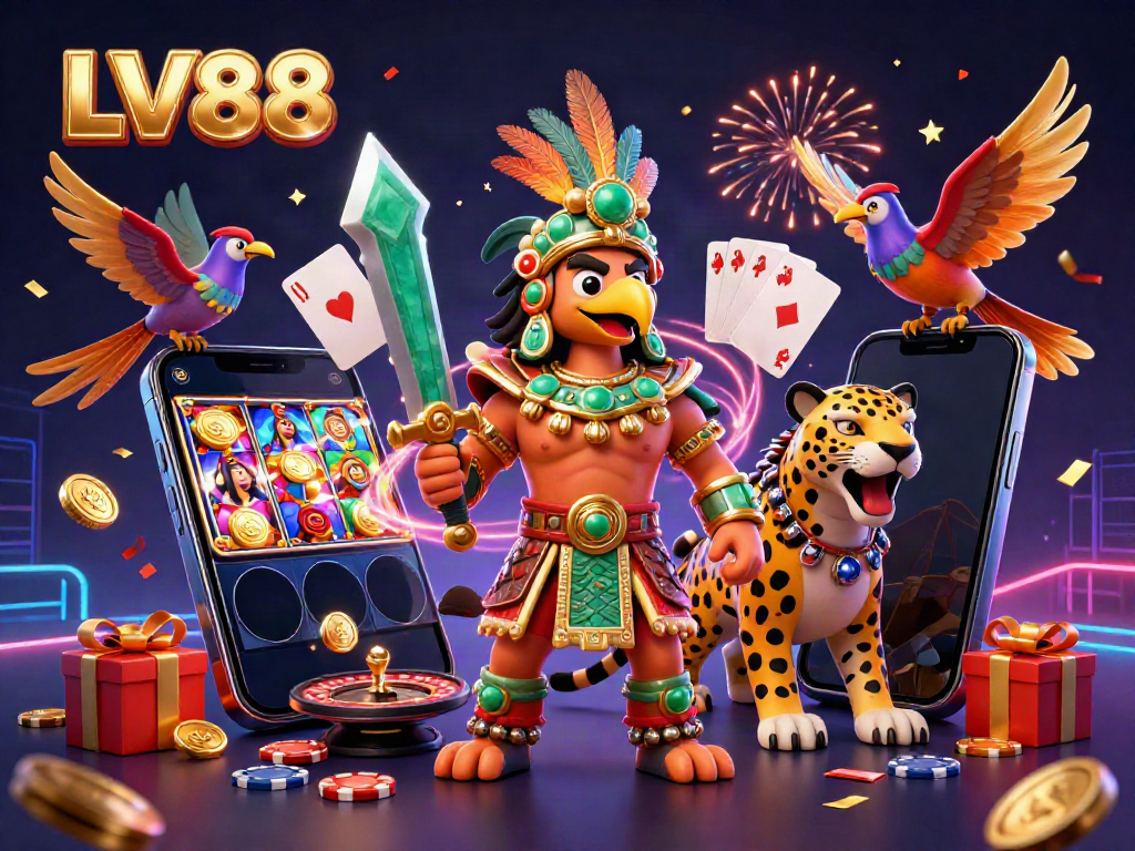 Experience LV88's engaging casino scene with Aztec warriors, slot games, and festive elements.