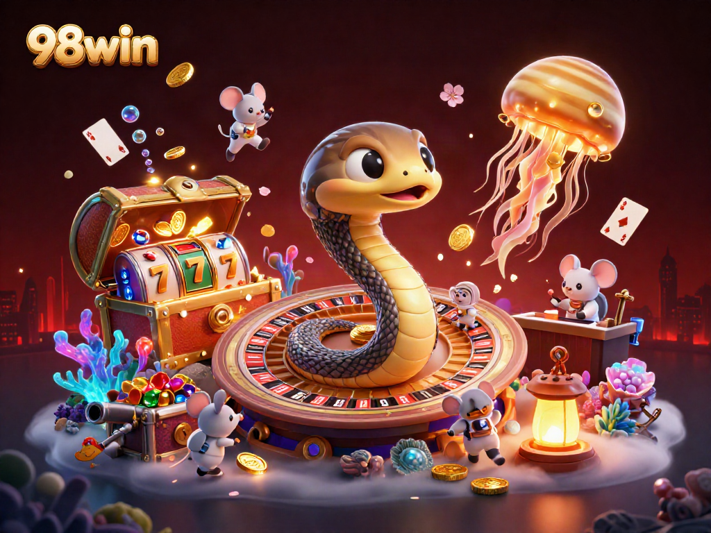 Spin the 98win roulette with astronaut mice betting on Saturn's rings in this whimsical casino scene.
