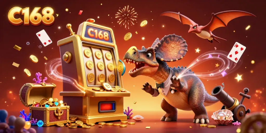 C168 brings excitement with a pachycephalosaurus hitting a slot machine, yielding flying coins in a vibrant casino scene.