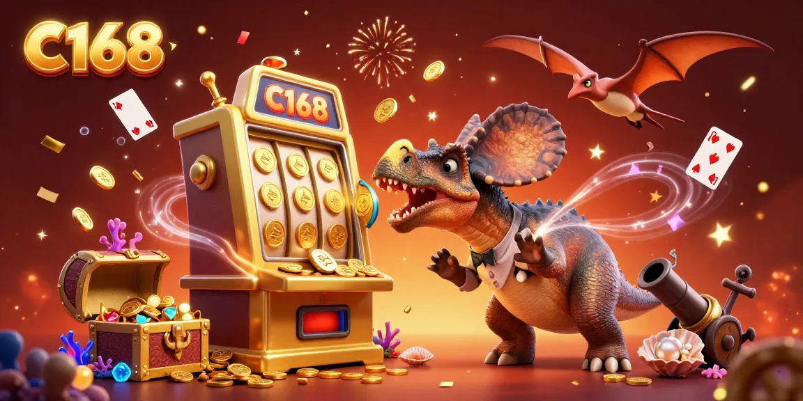 C168 brings excitement with a pachycephalosaurus hitting a slot machine, yielding flying coins in a vibrant casino scene.